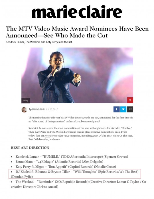 7.25.17 – Marie Claire – The MTV Video Music Award Nominees Have Been Announced – See Who Made the Cut